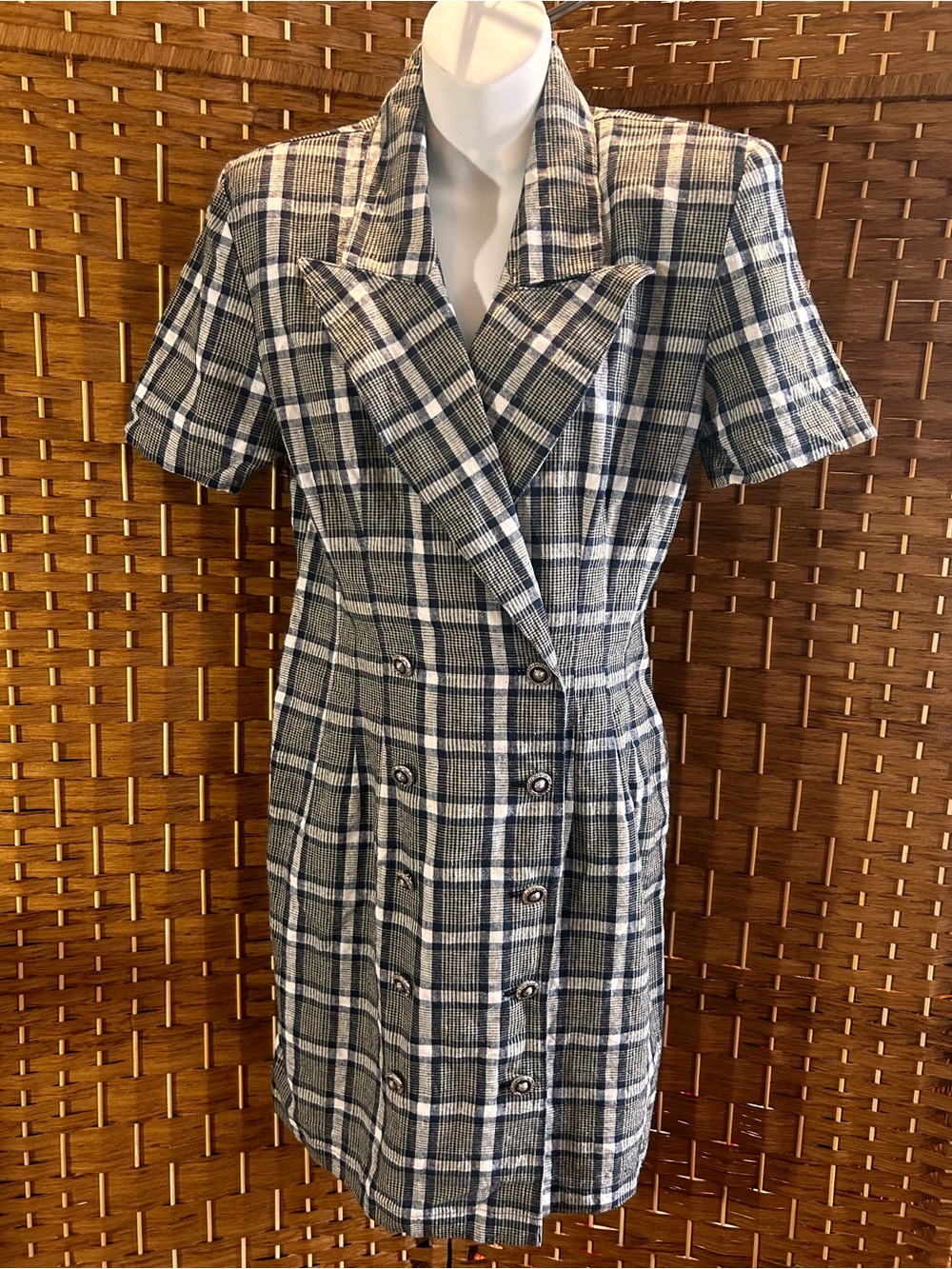 Vintage 90s La Belle Linen Cotton Plaid Shirt Dress Made USA Preppy Size 9